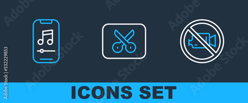 Set line Prohibition no video recording, Music player and editing icon. Vector