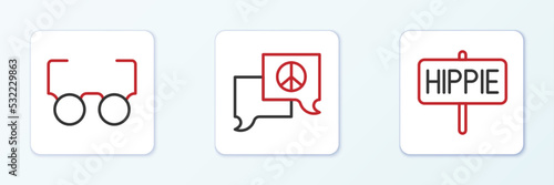 Set line Peace, Glasses and Speech bubble chat icon. Vector