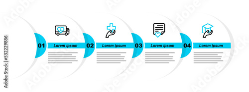 Set line Education grant, Envelope with heart, Heart cross and Humanitarian truck icon. Vector