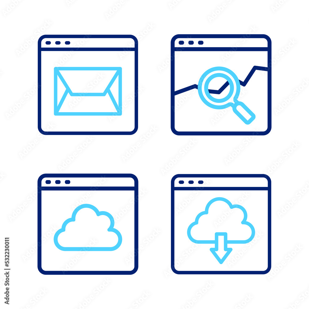 Set line Cloud download, technology data transfer, Website with stocks market and and mail icon. Vector Set line Cloud download, technology data transfer, Website with stocks market and and mail icon. Vector