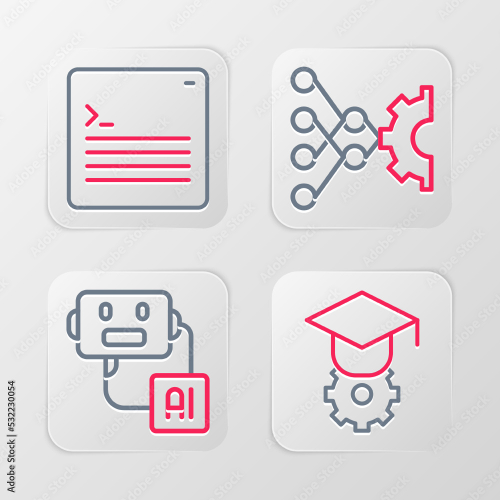 Set line Graduation cap, Artificial intelligence robot, Neural network and Web developer programming code icon. Vector Set line Graduation cap, Artificial intelligence robot, Neural network and Web developer programming code icon. Vector