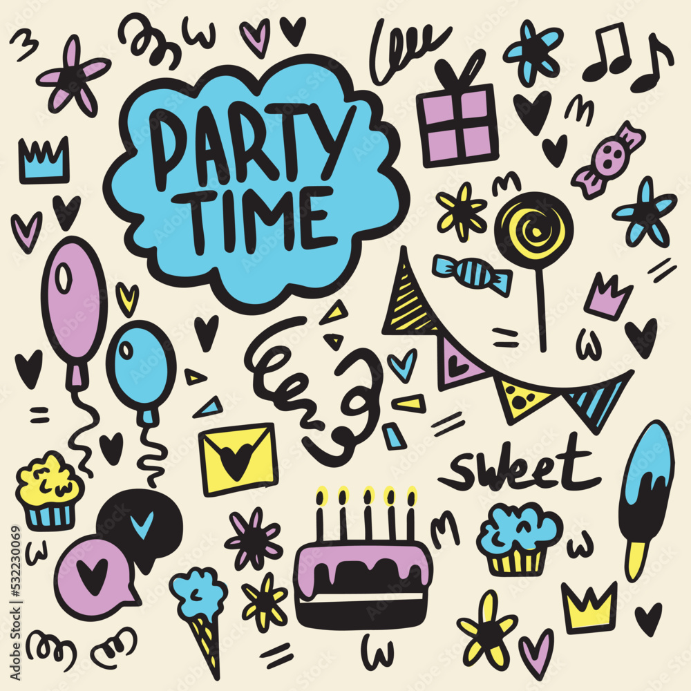 Party time doodle vector illustrations set on background Party time doodle vector illustrations set on background