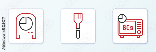 Set line Microwave oven, Kitchen timer and Fork icon. Vector
