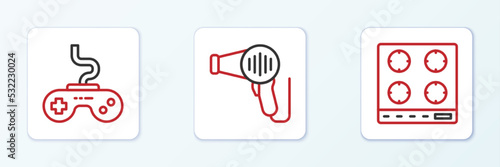 Set line Gas stove, Gamepad and Hair dryer icon. Vector