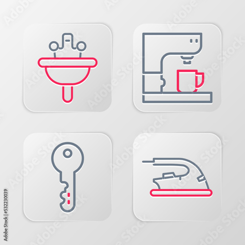 Set line Electric iron, House key, Coffee machine and Washbasin icon. Vector