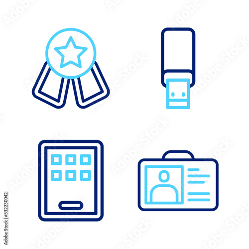 Set line Identification badge, Graphic tablet, USB flash drive and Medal with star icon. Vector