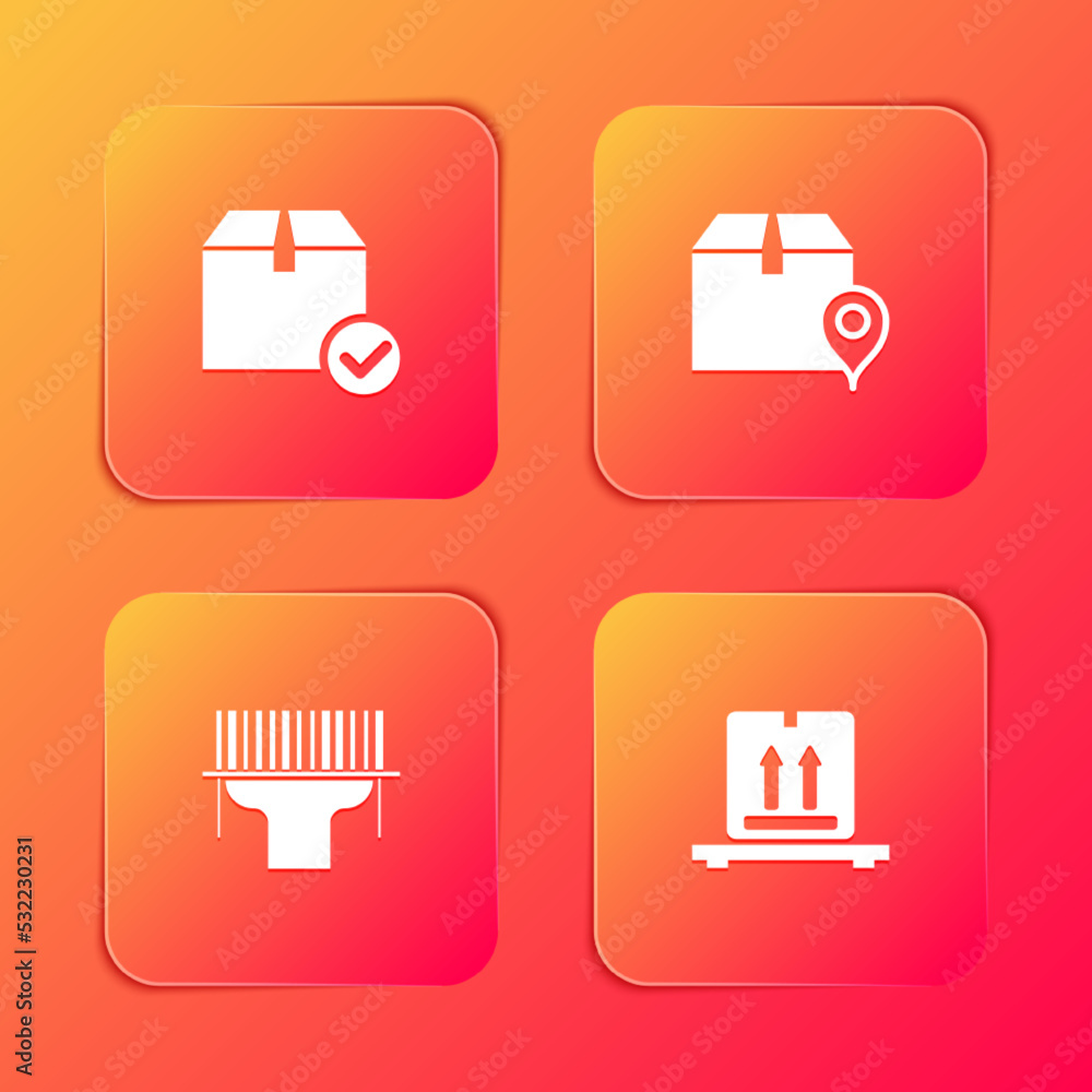 Set Package box with check mark, Location cardboard, Scanner scanning bar code and Cardboard boxes pallet icon. Vector Set Package box with check mark, Location cardboard, Scanner scanning bar code and Cardboard boxes pallet icon. Vector