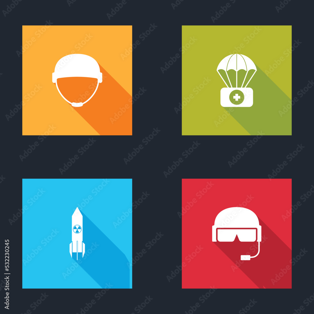 Set Military helmet, Parachute with first aid kit, Nuclear rocket and icon. Vector