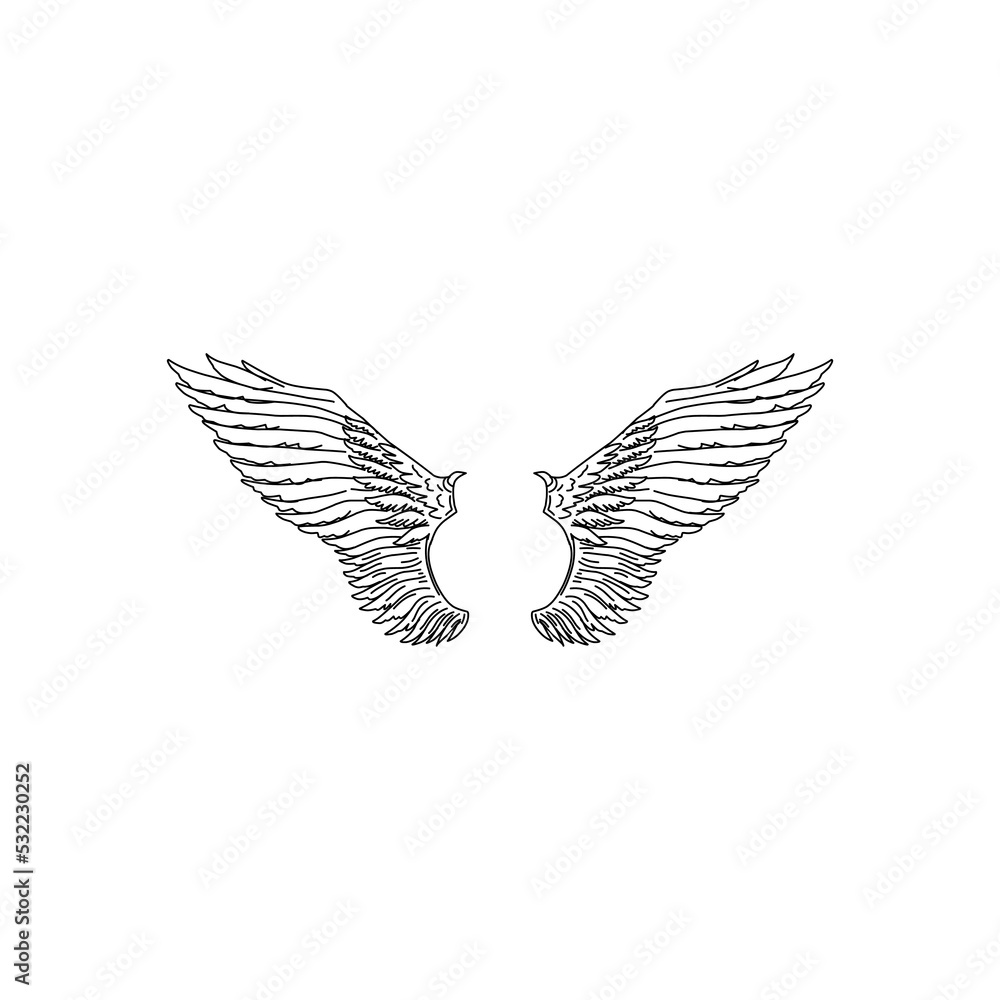 Fototapeta premium Vintage heraldic wings sketch. Doodle stylized birds wings. Hand drawn contoured stiker wing in open position. Design elements in coloring style