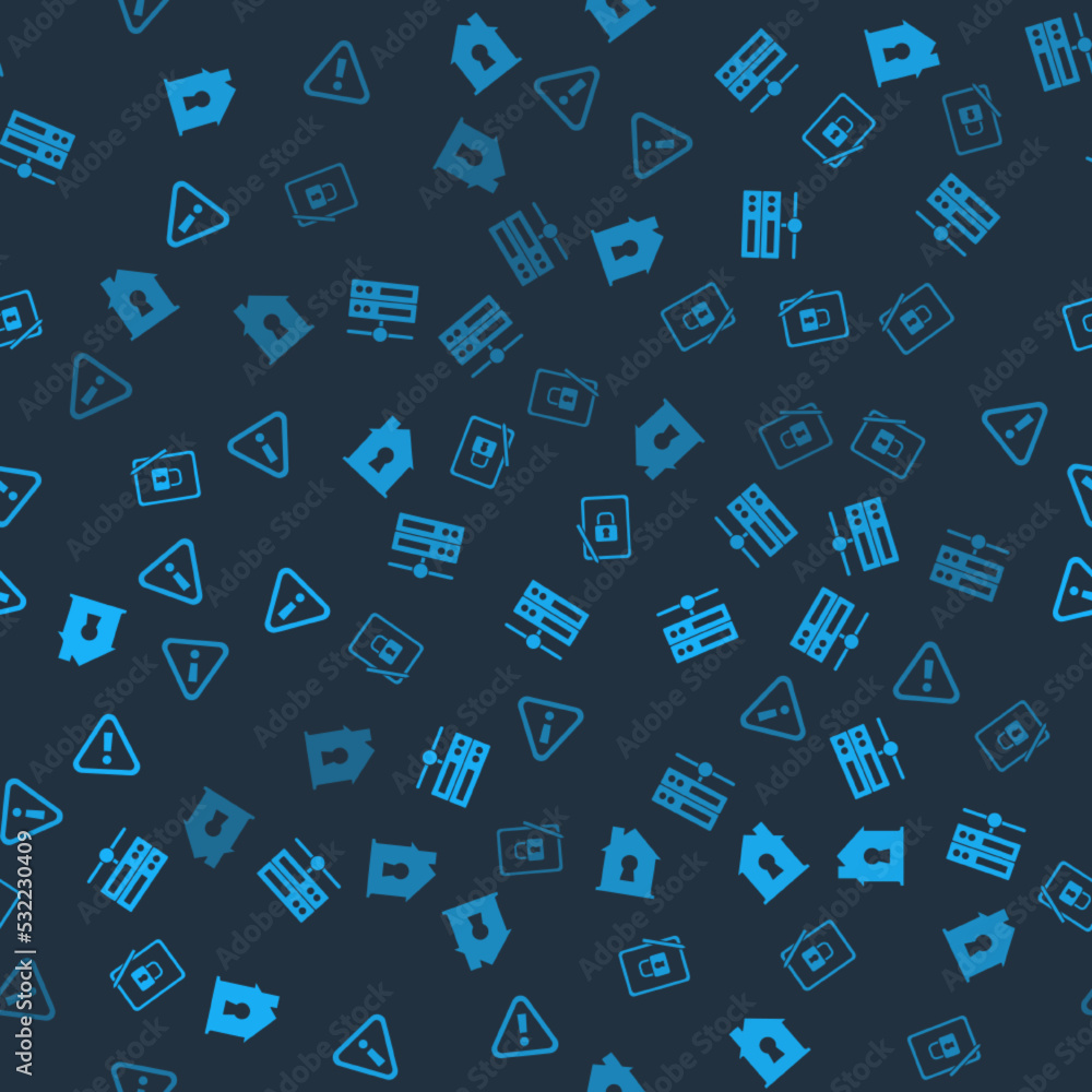 Set House under protection, Server, Data, Web Hosting, Tablet with closed padlock and Exclamation mark triangle on seamless pattern. Vector Set House under protection, Server, Data, Web Hosting, Tablet with closed padlock and Exclamation mark triangle on seamless pattern. Vector