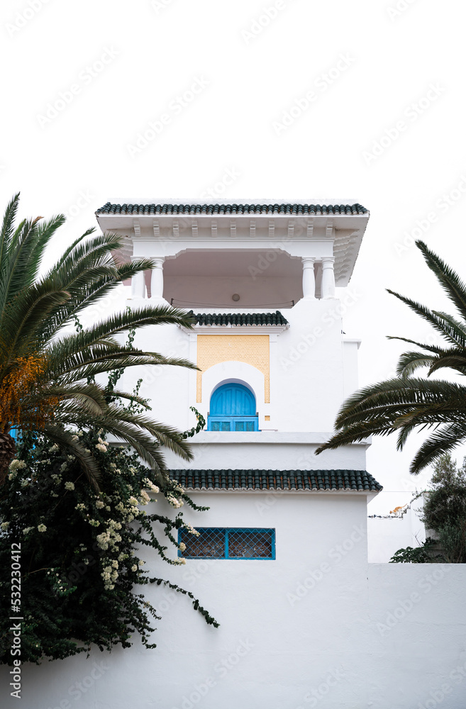 Torreon Casa mulsulman  con adornos azules , blanco y palmeras.