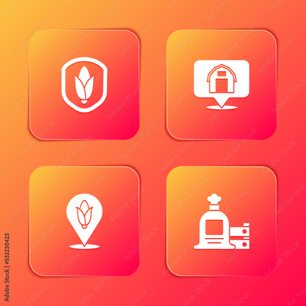 Set Shield corn, Location farm house, and Full sack and wooden box icon. Vector Set Shield corn, Location farm house, and Full sack and wooden box icon. Vector