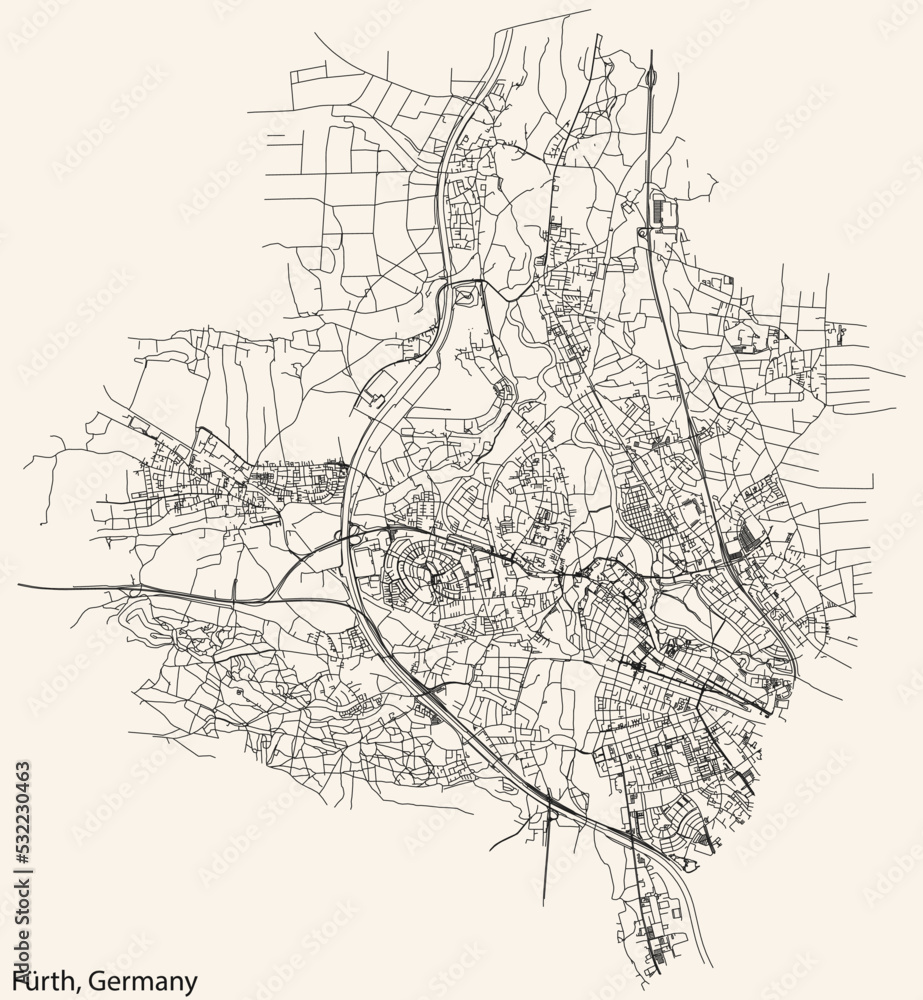 Detailed navigation black lines urban street roads map of the German regional capital city of FÜRTH, GERMANY on vintage beige background