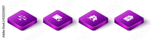 Set Isometric Scales of justice, Delivery security with shield, House flood and Health insurance icon. Vector