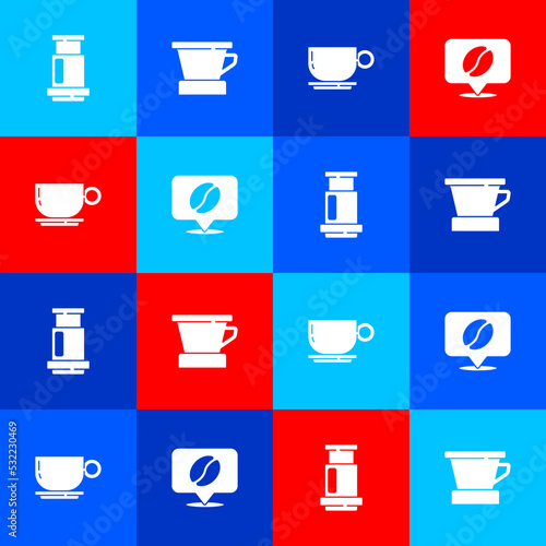 Set Aeropress coffee, V60 maker, Coffee cup and Location with bean icon. Vector
