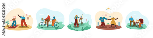Aged people recreation and hobby. Happy senior man and woman riding a bicycle in park, playing chess, painting and dancing at home. Flat set with elderly characters doing physical activities, cycling.