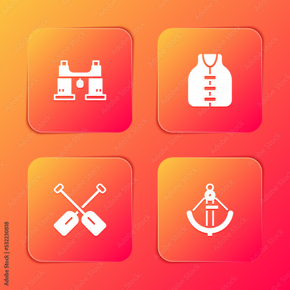 Set Binoculars, Life jacket, Paddle and Anchor icon. Vector Set Binoculars, Life jacket, Paddle and Anchor icon. Vector
