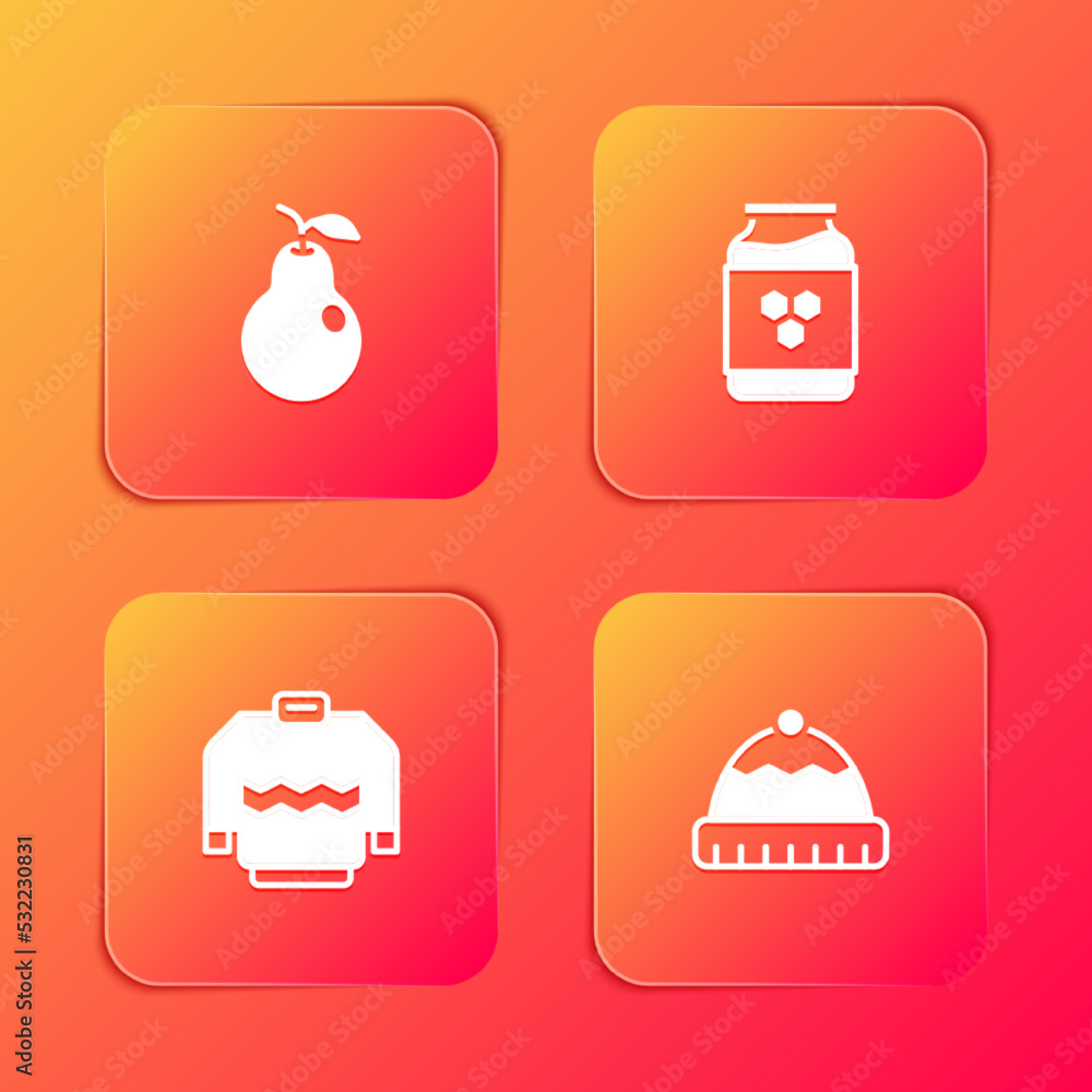 Set Pear, Jar of honey, Sweater and Winter hat icon. Vector Set Pear, Jar of honey, Sweater and Winter hat icon. Vector
