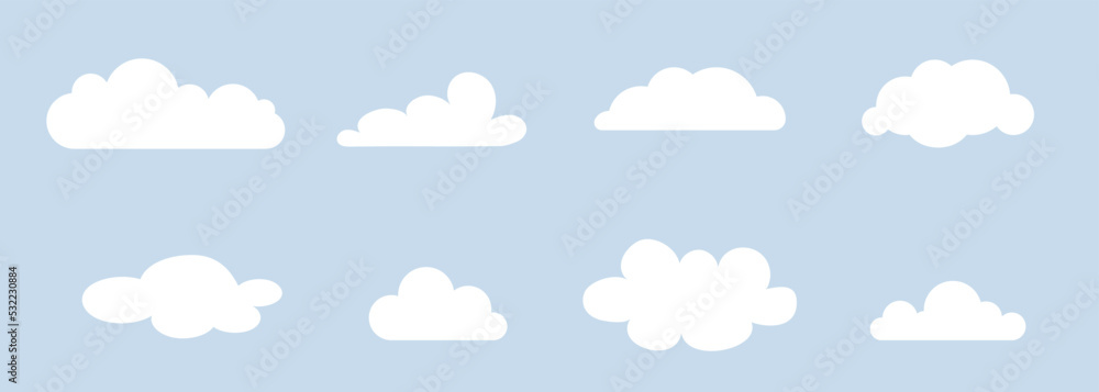 A set of white clouds. The silhouette is white on a blue background. flat style.