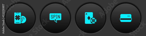 Set Online poker table game, Slot machine spin button, Casino chip and playing cards and Credit icon. Vector
