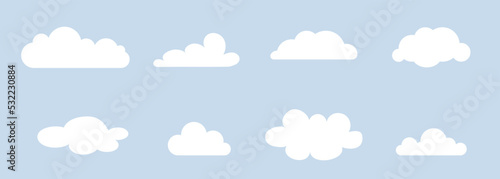 A set of white clouds. The silhouette is white on a blue background. flat style.