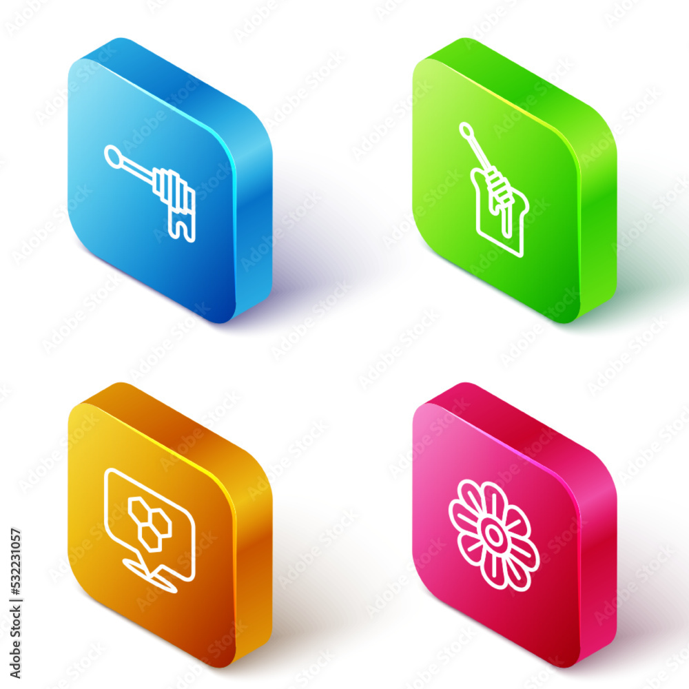Set Isometric line Honey dipper stick with honey, , Honeycomb bee location and Flower icon. Vector Set Isometric line Honey dipper stick with honey, , Honeycomb bee location and Flower icon. Vector