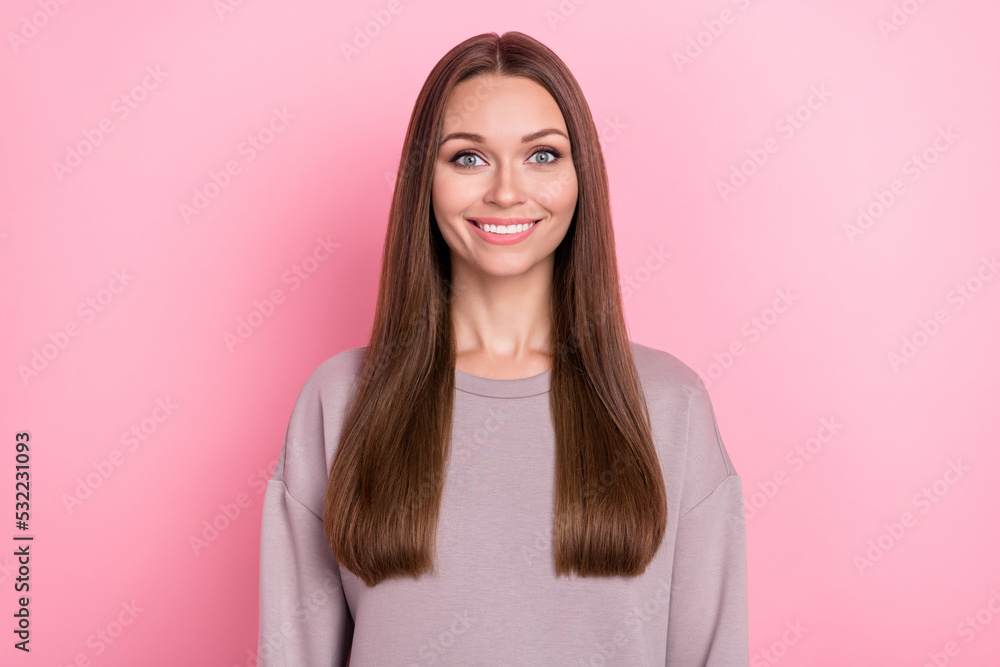 Photo of pretty lady girlfriend beaming bright smile wear fashionable sweater clothes good mood isolated on pink color background Photo of pretty lady girlfriend beaming bright smile wear fashionable sweater clothes good mood isolated on pink color background