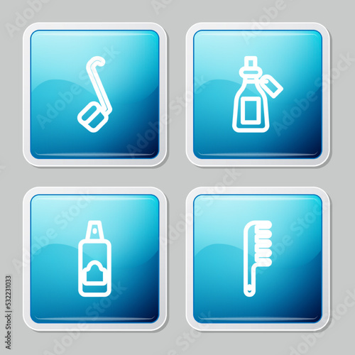Set line Sauna ladle, Essential oil bottle, Spray can for hairspray and Hairbrush icon. Vector