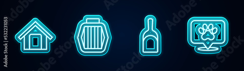 Set line Dog house, Pet carry case, Dustpan and Location veterinary hospital. Glowing neon icon. Vector