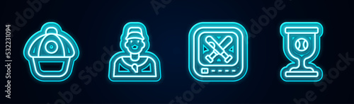 Set line Baseball cap, coach, Monitor with baseball game and Award cup. Glowing neon icon. Vector