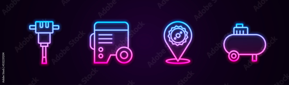 Set line Construction jackhammer, Power electric generator, Circular saw blade and Air compressor. Glowing neon icon. Vector Set line Construction jackhammer, Power electric generator, Circular saw blade and Air compressor. Glowing neon icon. Vector