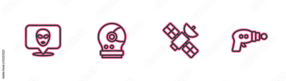 Set line Alien, Satellite, Astronaut helmet and Ray gun icon. Vector Set line Alien, Satellite, Astronaut helmet and Ray gun icon. Vector