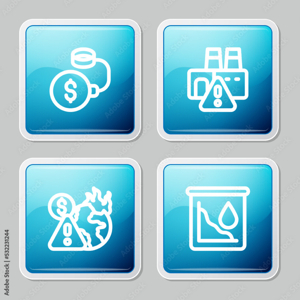 Set line Debt ball chained to coin, Shutdown of factory, Global economic crisis and Drop crude oil price icon. Vector Set line Debt ball chained to coin, Shutdown of factory, Global economic crisis and Drop crude oil price icon. Vector