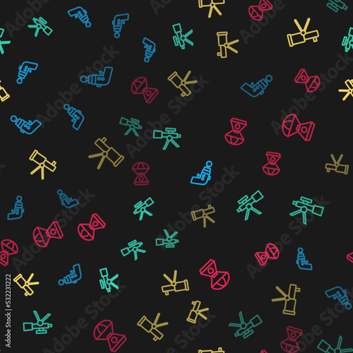 Set line Ray gun, Telescope, and Space capsule on seamless pattern. Vector