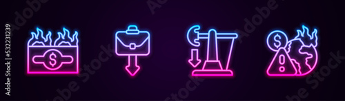 Set line Burning dollar bill, Briefcase, Drop crude oil price and Global economic crisis. Glowing neon icon. Vector