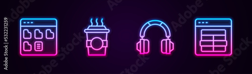 Set line Browser files, Coffee cup to go, Headphones and MySQL code. Glowing neon icon. Vector