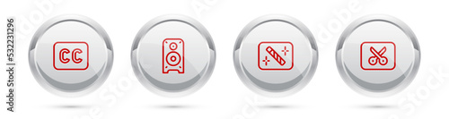 Set line Subtitles, Stereo speaker, Photo retouching and Music or video editing. Silver circle button. Vector