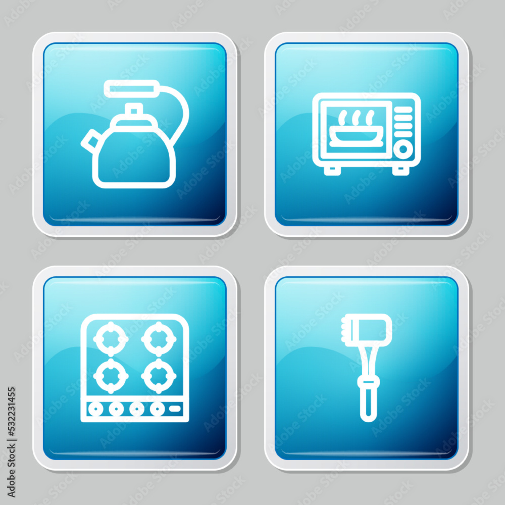 Set line Kettle with handle, Microwave oven, Gas stove and Kitchen hammer icon. Vector Set line Kettle with handle, Microwave oven, Gas stove and Kitchen hammer icon. Vector