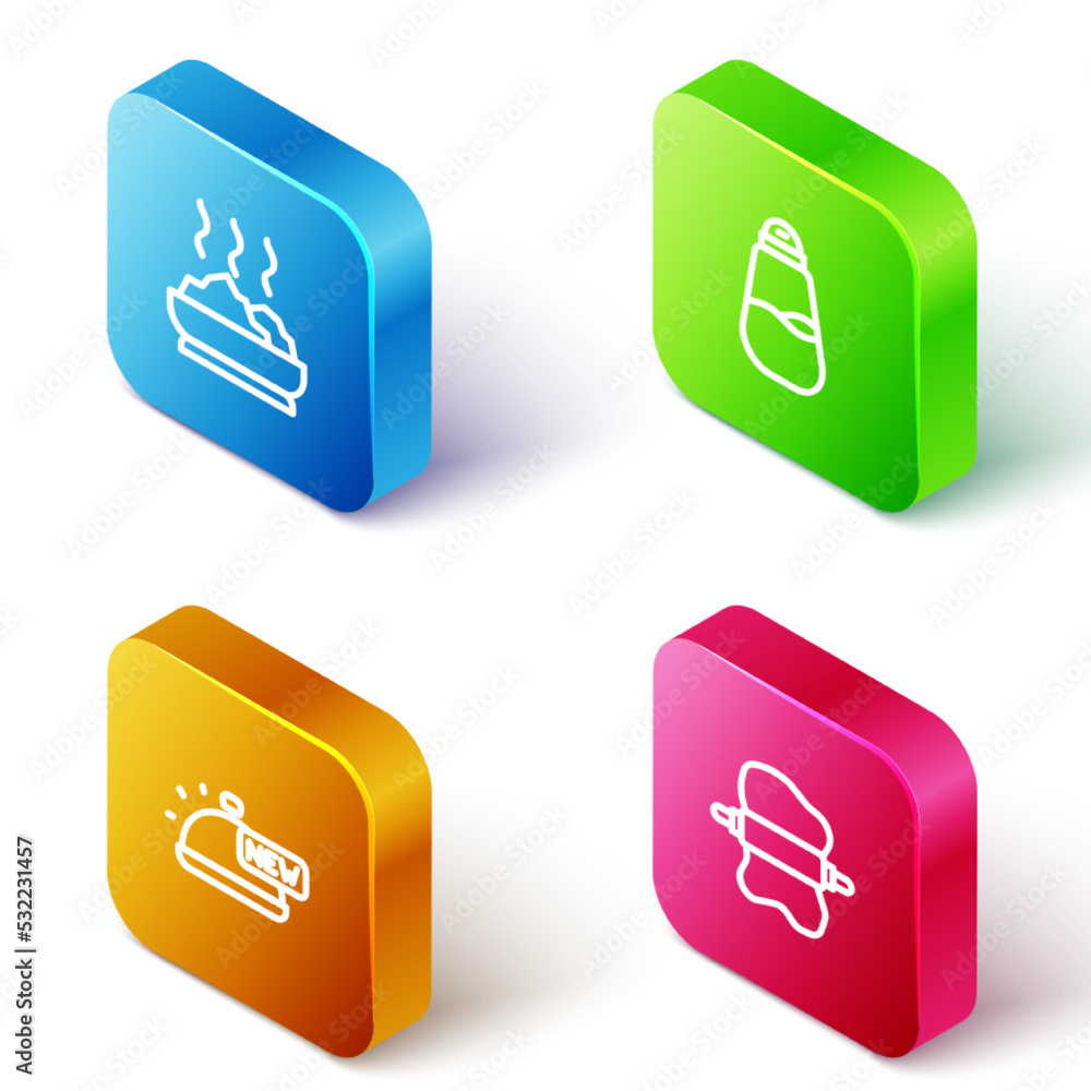 Set Isometric line Bowl of hot soup, Salt, Covered with tray food and Rolling pin on dough icon. Vector Set Isometric line Bowl of hot soup, Salt, Covered with tray food and Rolling pin on dough icon. Vector