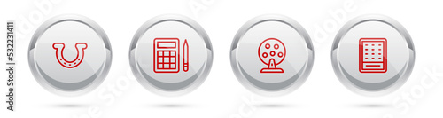Set line Horseshoe, Bingo card, Lottery machine and ticket. Silver circle button. Vector