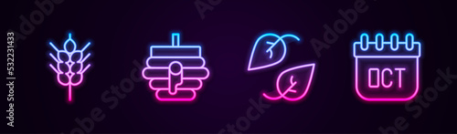 Set line Wheat, Hive for bees, Leaf and October calendar autumn. Glowing neon icon. Vector