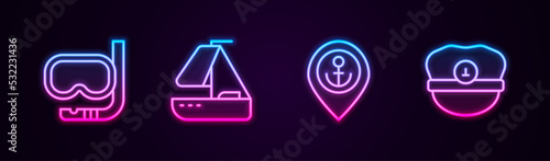 Set line Diving mask and snorkel, Yacht sailboat, Location with anchor and Captain hat. Glowing neon icon. Vector