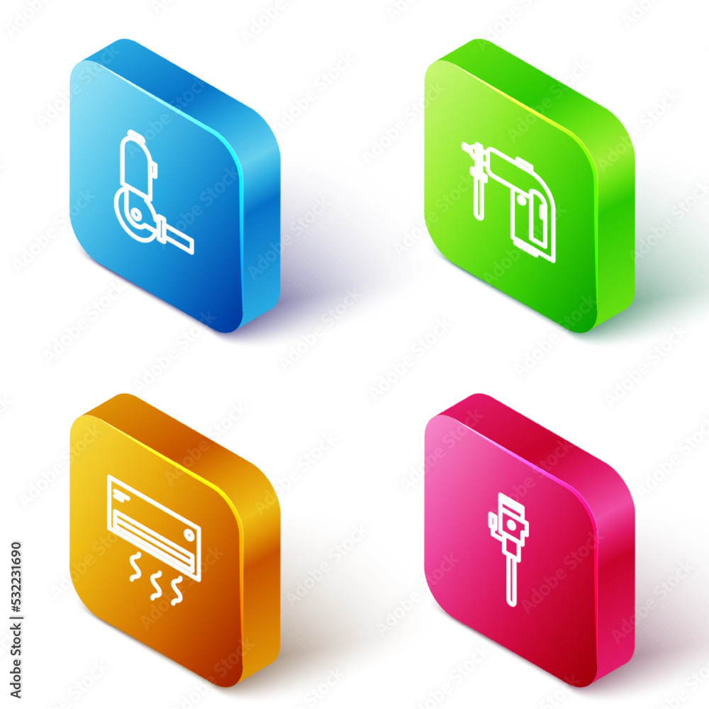 Set Isometric line Angle grinder, Rotary hammer drill machine, Air conditioner and Construction jackhammer icon. Vector Set Isometric line Angle grinder, Rotary hammer drill machine, Air conditioner and Construction jackhammer icon. Vector