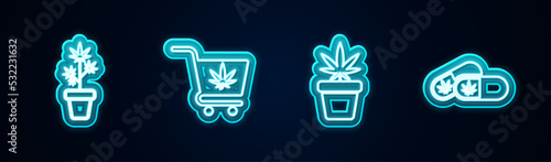Set line Marijuana plant in pot, Shopping cart with marijuana, and Medical pills. Glowing neon icon. Vector