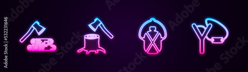 Set line Wooden axe and wood, in stump, Canteen water bottle and Slingshot. Glowing neon icon. Vector