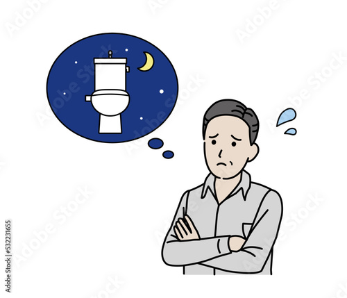 頻尿に困る中年の男性　多尿　尿意　トレイ　症状　イラスト