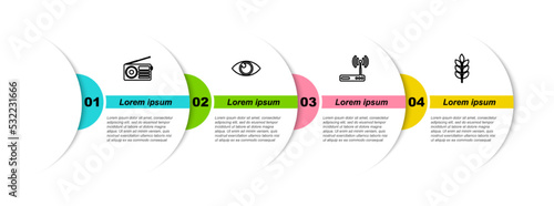 Set line Radio, Eye, Router and wi-fi and Wheat. Business infographic template. Vector