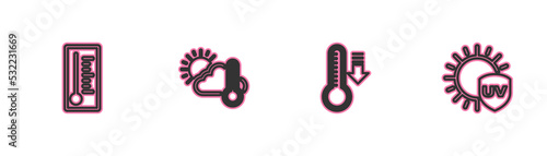 Set line Meteorology thermometer, , Thermometer and cloud, sun and UV protection icon. Vector