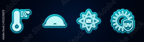 Set line Meteorology thermometer, Rainbow, UV protection and . Glowing neon icon. Vector