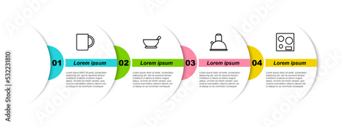 Set line Coffee cup, Mortar and pestle, Kettle with handle and Electric stove. Business infographic template. Vector